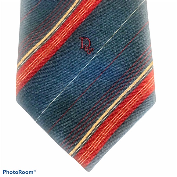 CHRISTIAN DIOR Luxury Tie Slate Blue Tan Red Stripe Tie Paris New York  3.25” - Picture 13 of 13